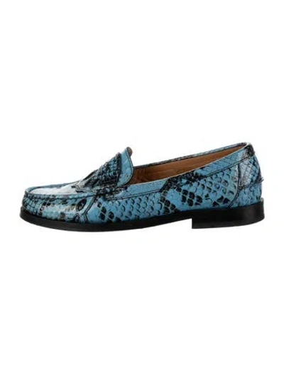 Pre-owned Ganni Embossed Leather Animal Print Loafers In Blue