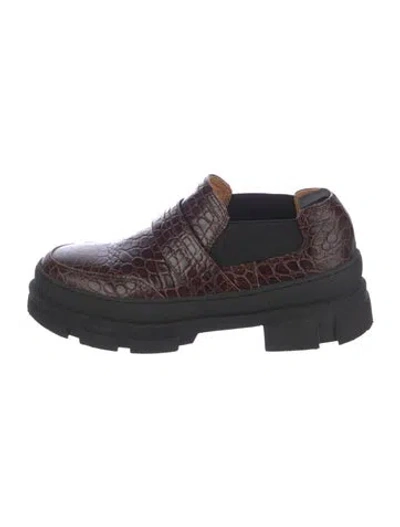 Pre-owned Ganni Embossed Leather Animal Print Loafers In Brown