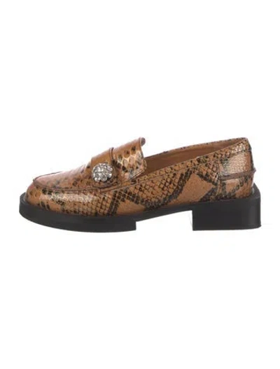 Pre-owned Ganni Embossed Leather Animal Print Loafers In Brown
