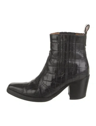 Pre-owned Ganni Embossed Leather Animal Print Western Boots In Black