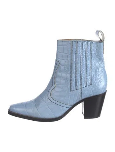 Pre-owned Ganni Embossed Leather Animal Print Western Boots In Blue