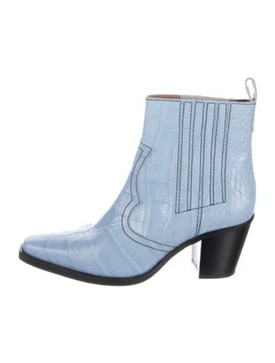 Pre-owned Ganni Embossed Leather Animal Print Western Boots In Blue