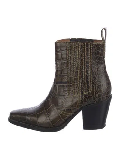 Pre-owned Ganni Embossed Leather Animal Print Western Boots In Brown