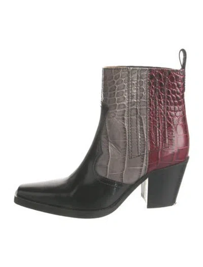 Pre-owned Ganni Embossed Leather Colorblock Pattern Western Boots In Burgundy