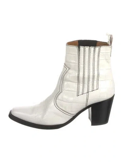 Pre-owned Ganni Embossed Leather Moto Boots In White