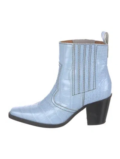 Pre-owned Ganni Embossed Leather Western Boots In Blue