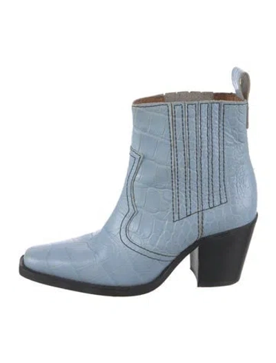 Pre-owned Ganni Embossed Leather Western Boots In Blue