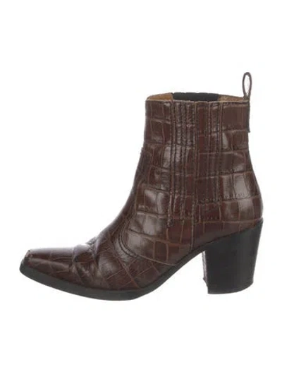 Pre-owned Ganni Embossed Leather Western Boots In Brown