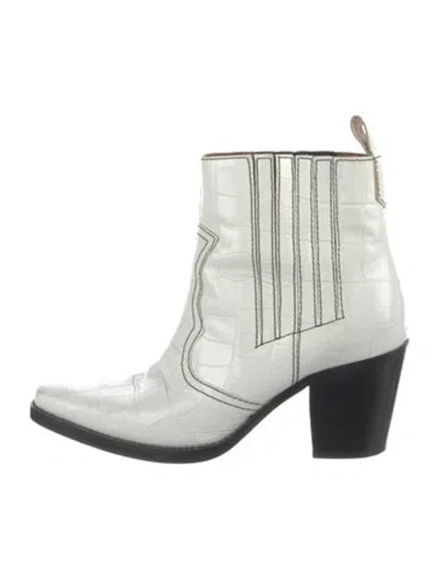 Pre-owned Ganni Embossed Leather Western Boots In White