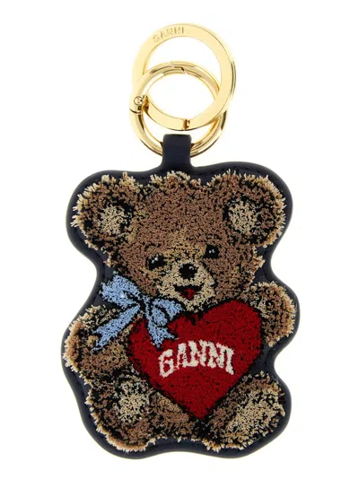 Ganni Embroidered Bear Charm Key Case In Navy