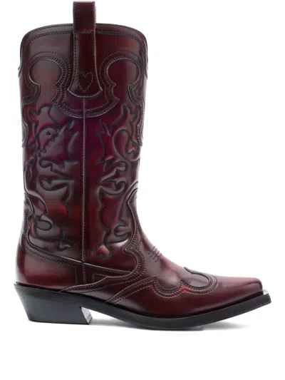 Ganni Embroidered Boots In Burgundy