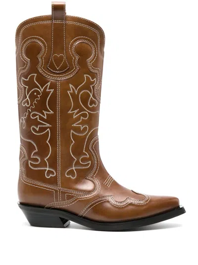 GANNI EMBROIDERED BROWN LEATHER WESTERN BOOTS FOR WOMEN