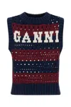 Ganni Striped Openwork Vest With Logo Inlay In Blue
