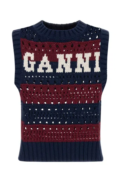 Ganni Embroidered Crochet Vest In Blue