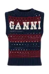 Ganni Striped Openwork Vest With Logo Inlay In Blue