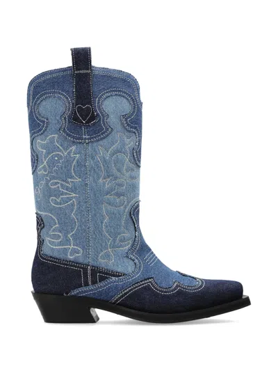 Ganni Embroidered Denim Boots In Blue