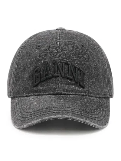 Ganni Embroidered Denim Cap In Black