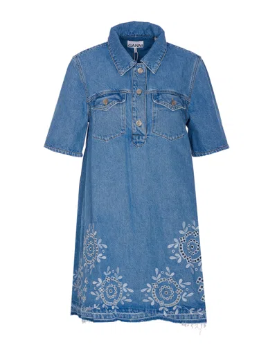 Ganni Denim Dress With Embroidered Hem And Pockets In Blue