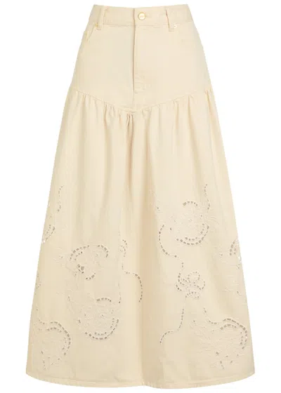 Ganni Embroidered Denim Midi Skirt