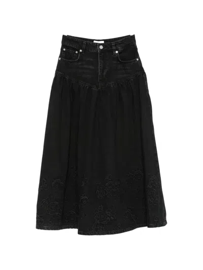 Ganni Embroidered Denim Midi Skirt In Black