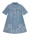 Ganni Denim Dress With Embroidered Hem And Pockets In Light Blue