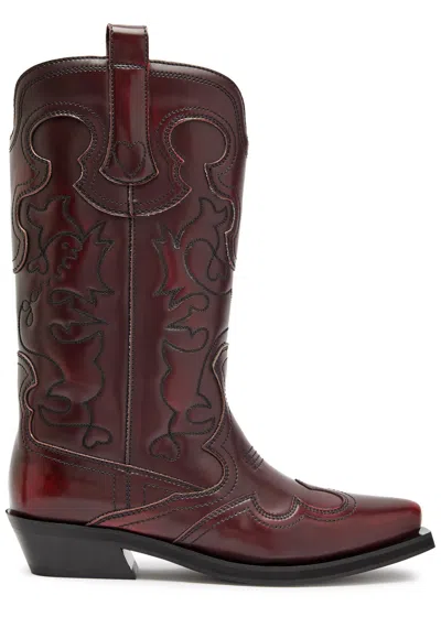 Ganni Embroidered Faux Leather Mid-calf Western Boots In Brown