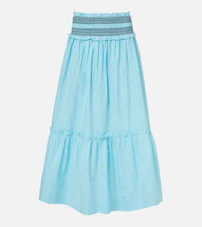 Ganni Embroidered Gingham Cotton Poplin Maxi Skirt In Blue