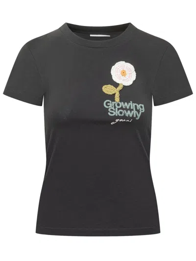 Ganni Embroidered Graphic T-shirt In Black