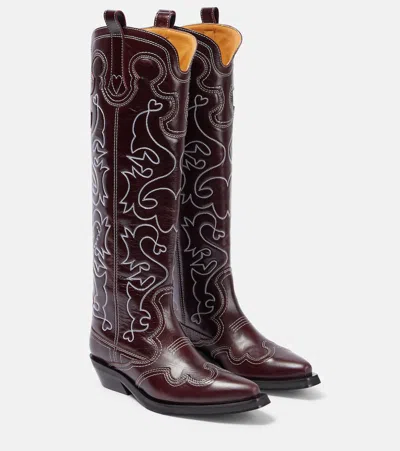 Ganni Embroidered Leather Cowboy Boots In Red