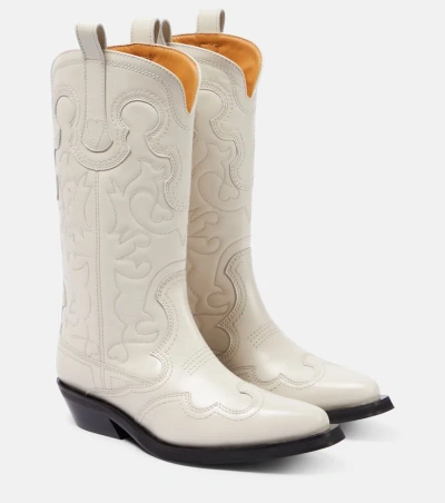 Ganni Embroidered Leather Cowboy Boots In White