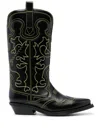 Ganni 40mm Mid Shaft Embroidered Western Boots In Black