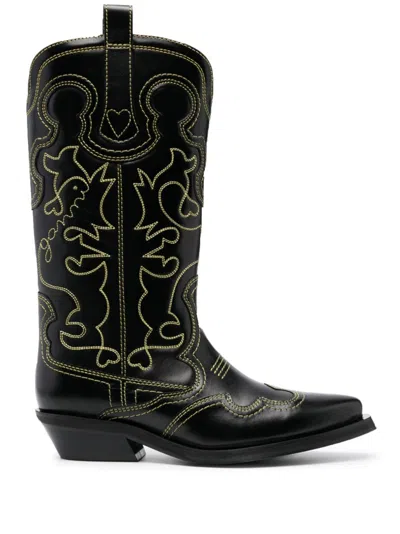 Ganni 40mm Mid Shaft Embroidered Western Boots In Black