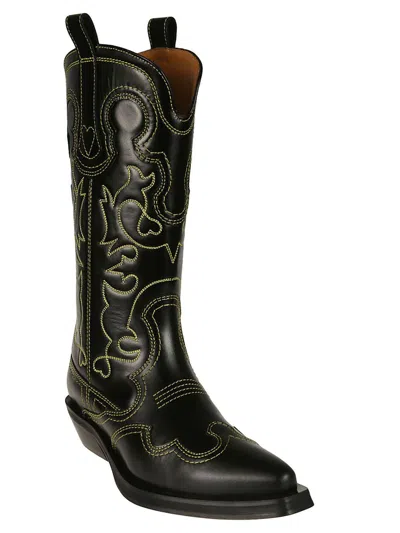 Ganni Embroidered Leather Western Boots In Black