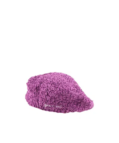 Ganni Embroidered Logo Beret In Purple