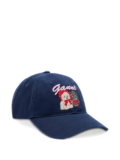 Ganni Embroidered-logo Buckle-closure Baseball Cap In Blue