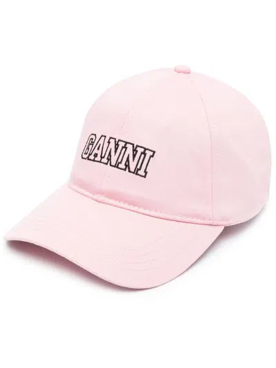 Ganni Embroidered-logo Cotton Baseball Cap In Pink