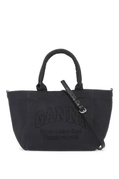 Ganni Embroidered Logo Tote Bag With In Black