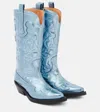 Ganni Embroidered Metallic Cowboy Boots In Blue