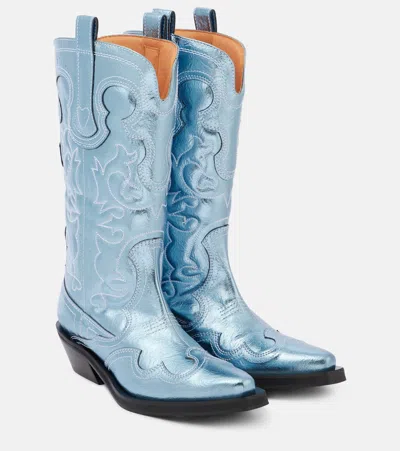 Ganni Embroidered Metallic Cowboy Boots In 803 Blue Curacao