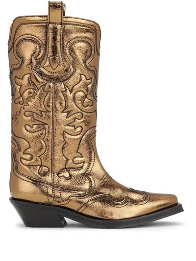 Ganni Embroidered Metallic-effect Western Boots In Brown