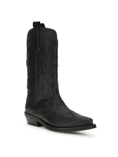 Ganni Embroidered Mid-calf Western Boot In Black