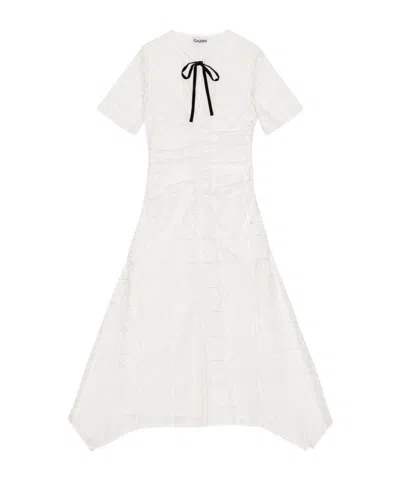 Ganni Embroidered Midi Dress In Bianco Chiari E Naturali