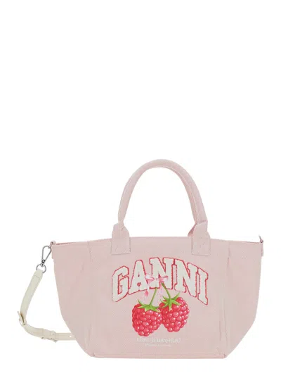Ganni Embroidered Raspberry-print Cotton Tote Bag In Pink