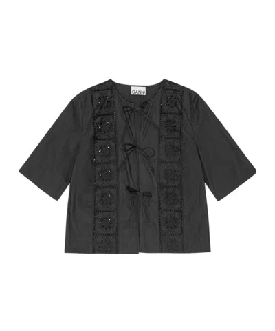 Ganni Embroidered Short-sleeve Shirt In Black