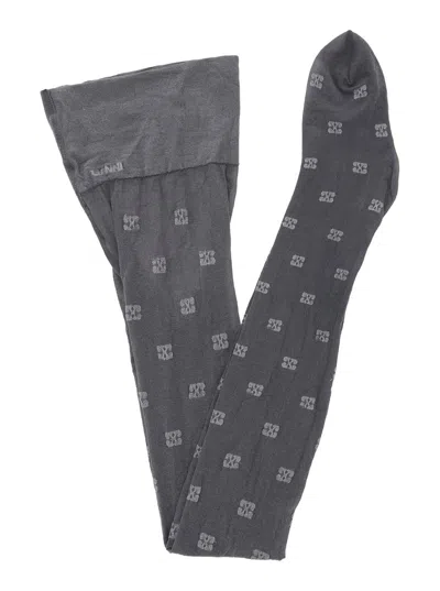 Ganni Embroidered Stretch Nylon Blend Tights In Gray