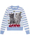 Ganni Light Blue Crewneck With Maxi Logo Print On The Front And All-over Striped Motif In Wool Blend Woman
