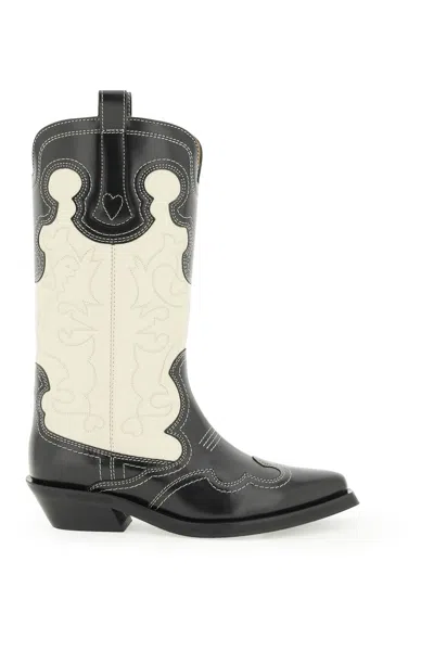 Ganni Two-tone Embroidered Leather Cowboy Boots In Multi