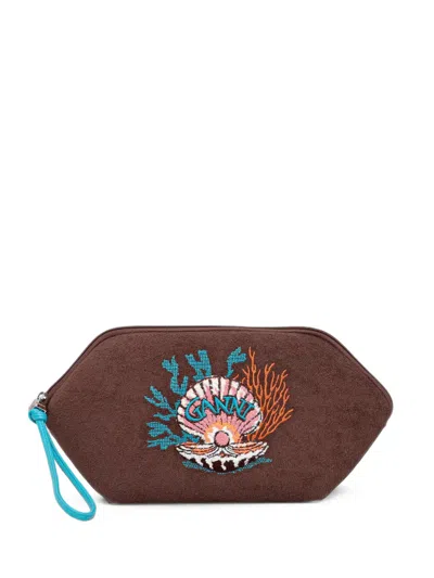 Ganni Embroidered Towelling Pouch In Pink