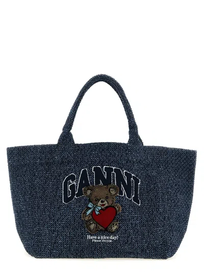 Ganni Embroidered Tweed Denim Tote Bag In Navy