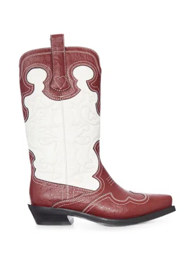 Ganni Embroidered Two-tone Boots In Red